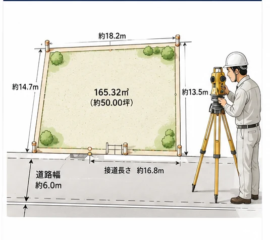 境界杭のある土地、前面道路、測量機器を示した土地調査のイメージ