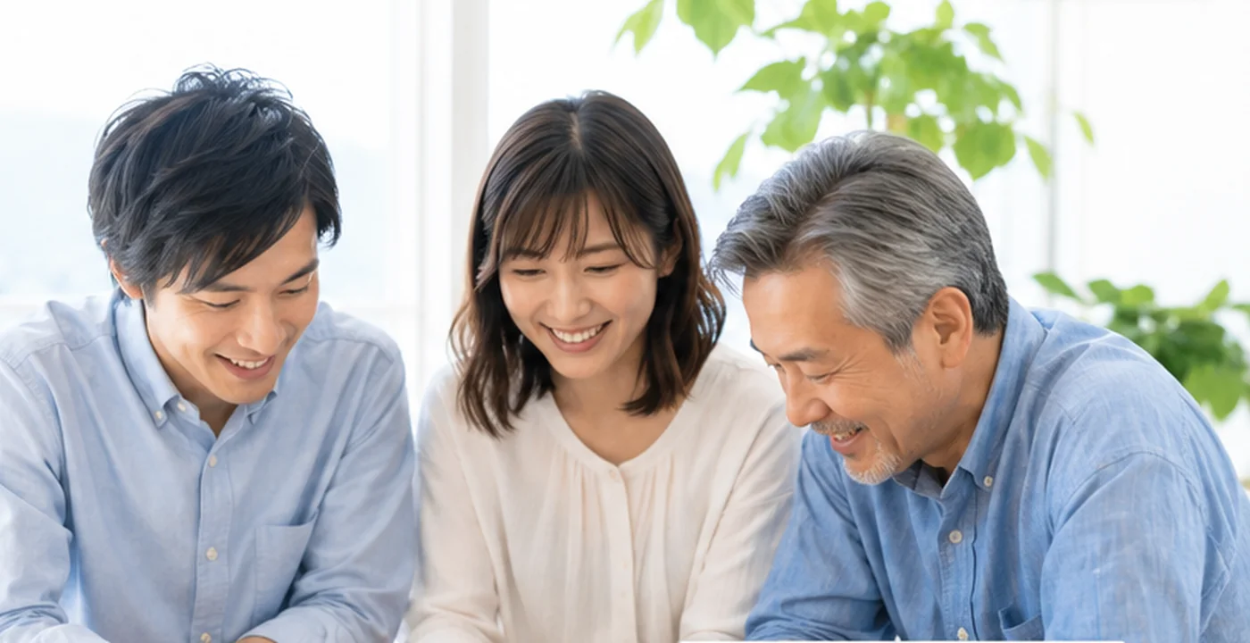 家族で不動産の資料を確認しているイメージ