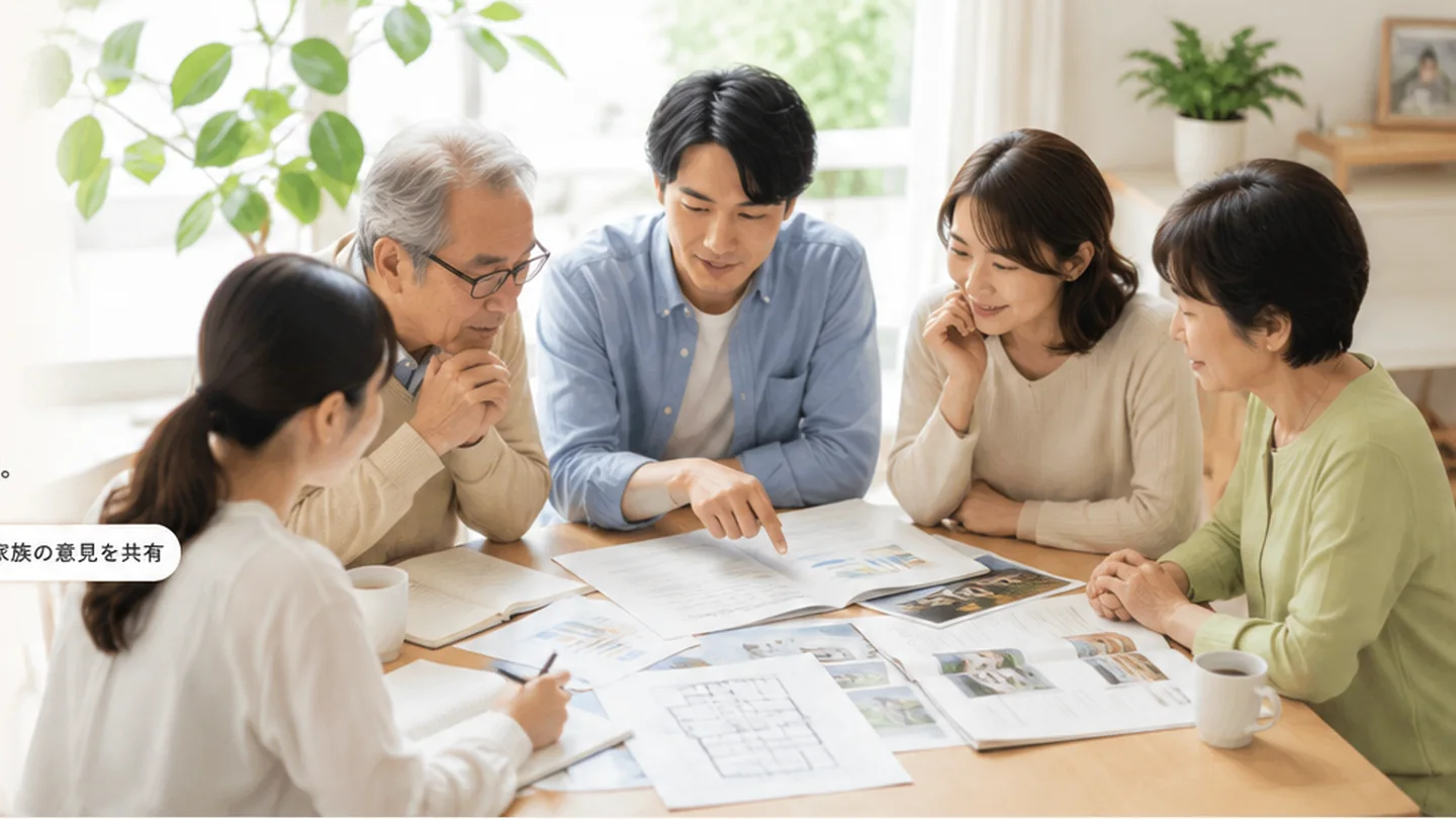 親世代と子世代が不動産の資料を囲み、家族の希望について話し合う様子