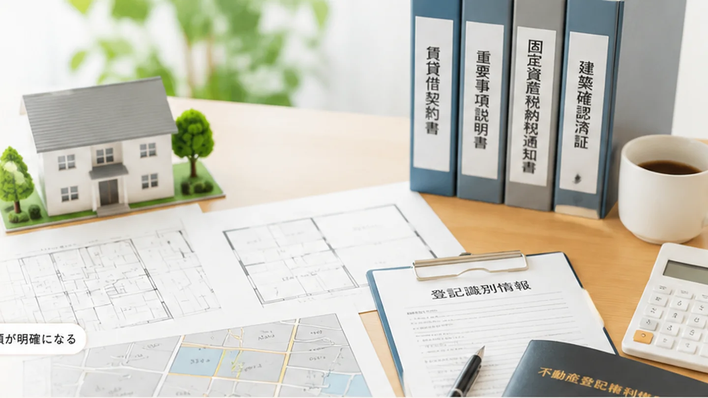 住宅模型、図面、地図、契約書などを並べて不動産の現状を確認する様子