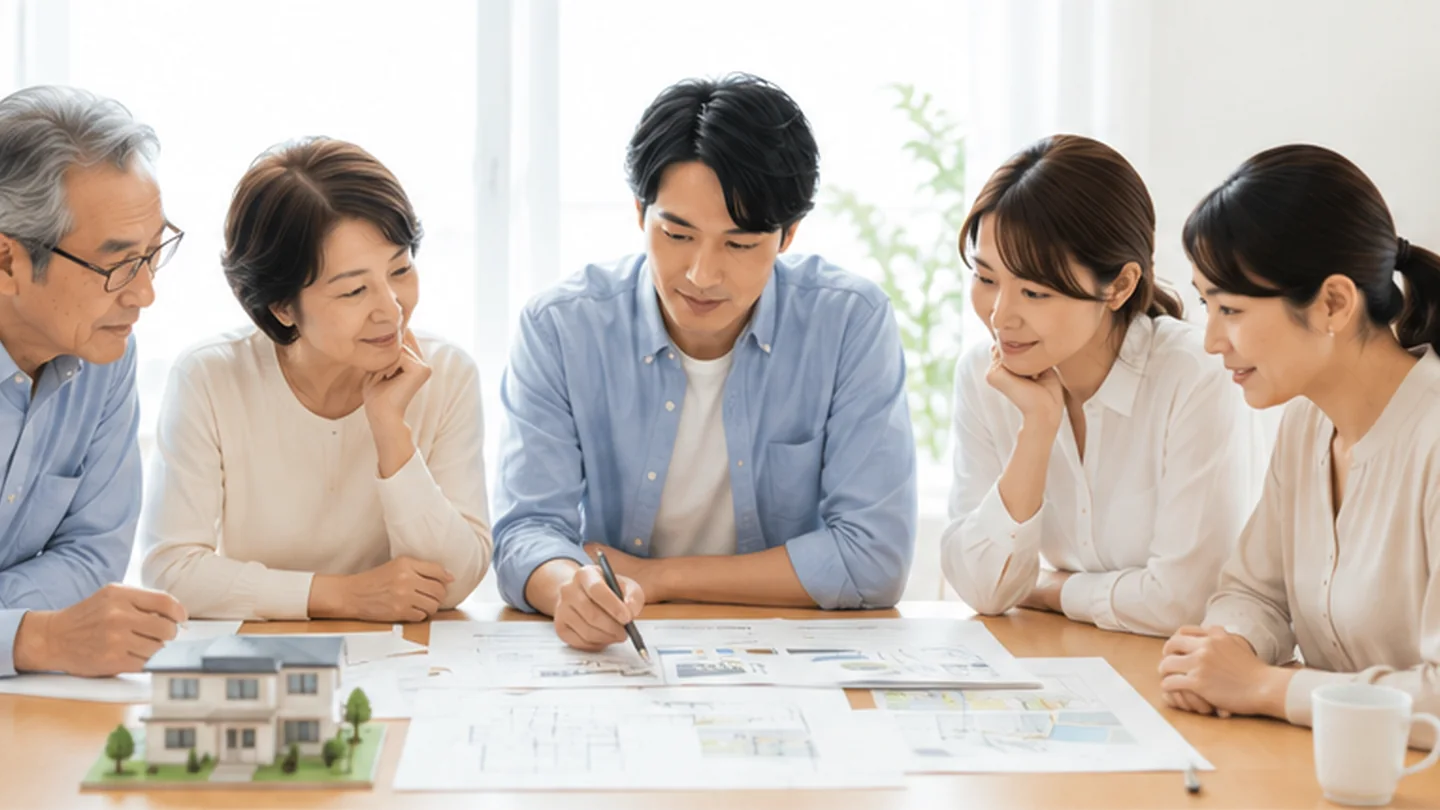 親世代と子世代が戸建て模型と図面を囲み、不動産の残し方を話し合う様子