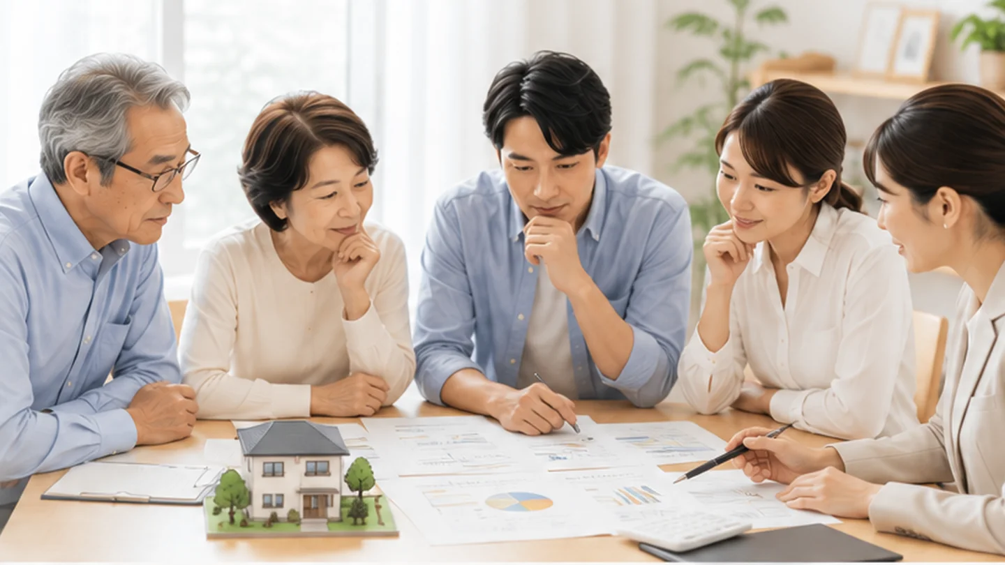 家族と不動産担当者が戸建て模型と比較資料を見ながら活用・保有・売却を検討する様子